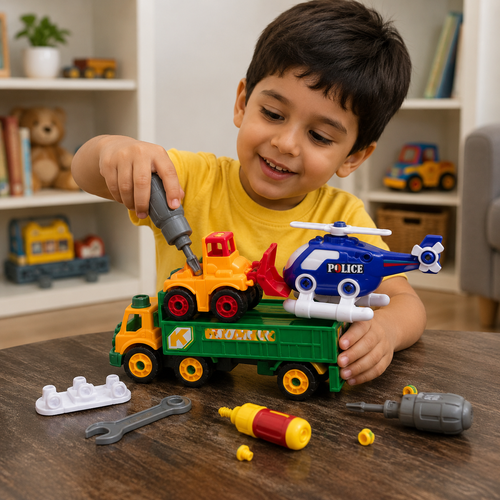 Engineering vehicle toy with toy screwdriver and wrench