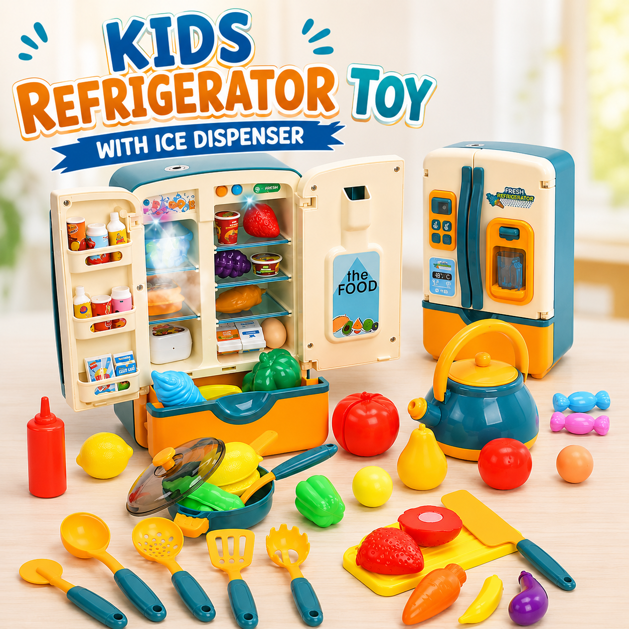 Kids refrigerator toy with ice dispenser - front view
