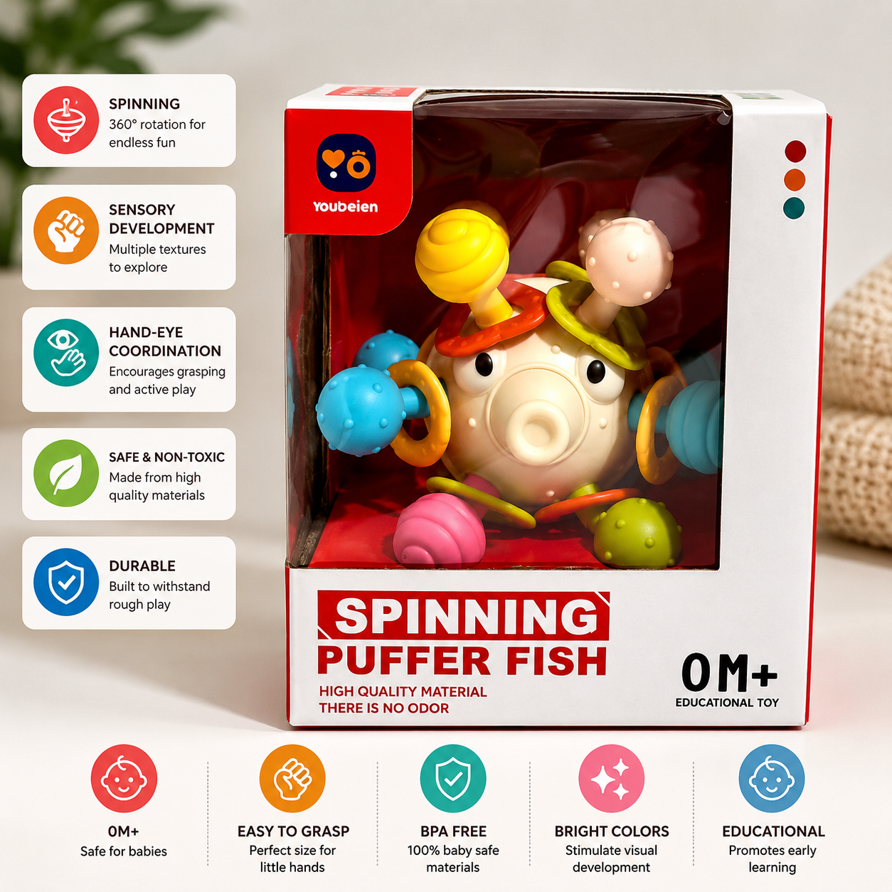 Baby Rattle Teether Toy - Spinning Puffer Fish Infant Sensory Toy