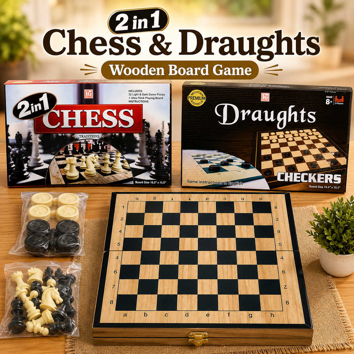 2-in-1 Chess & Draughts Wooden Board Game Set