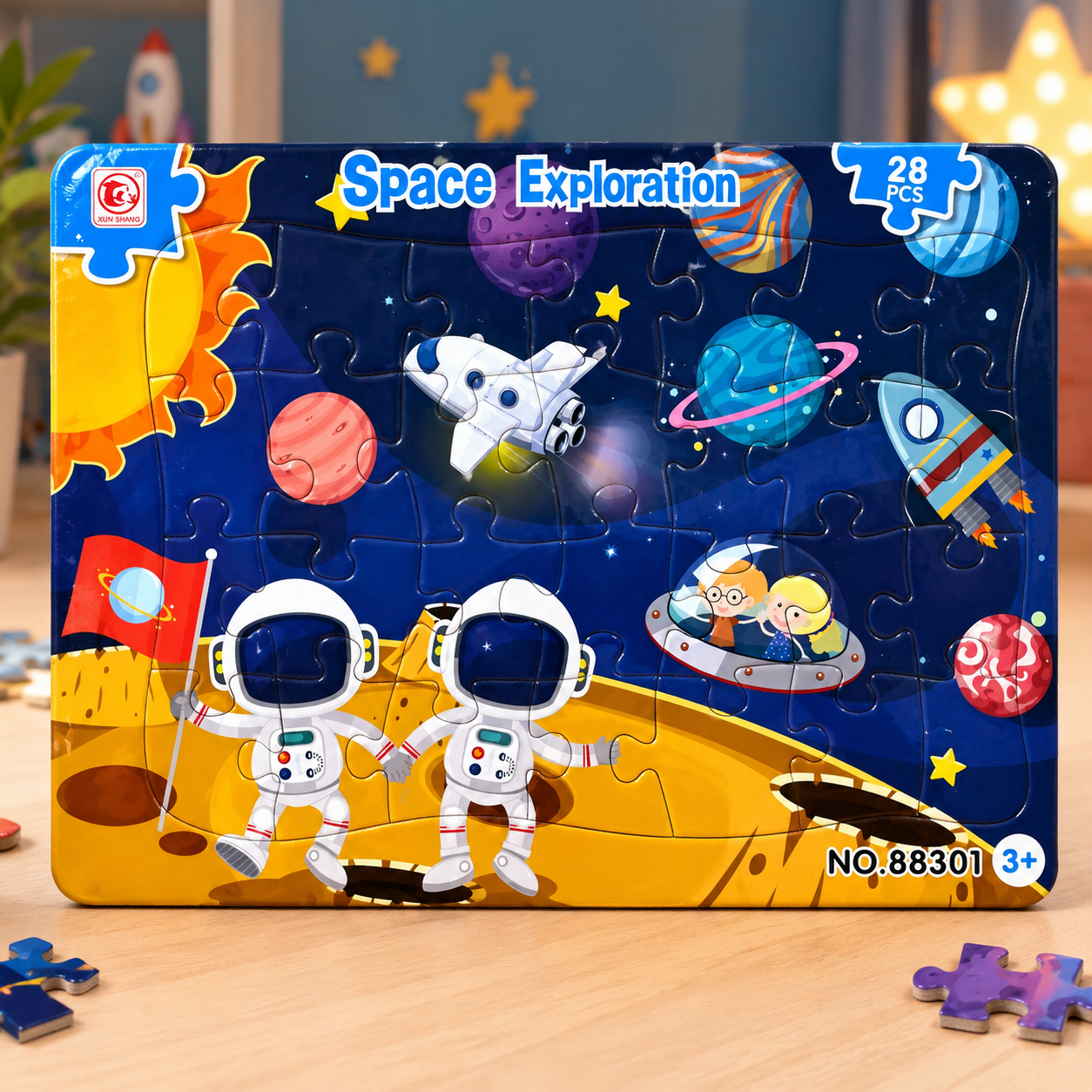 Wooden jigsaw puzzle space exploration theme