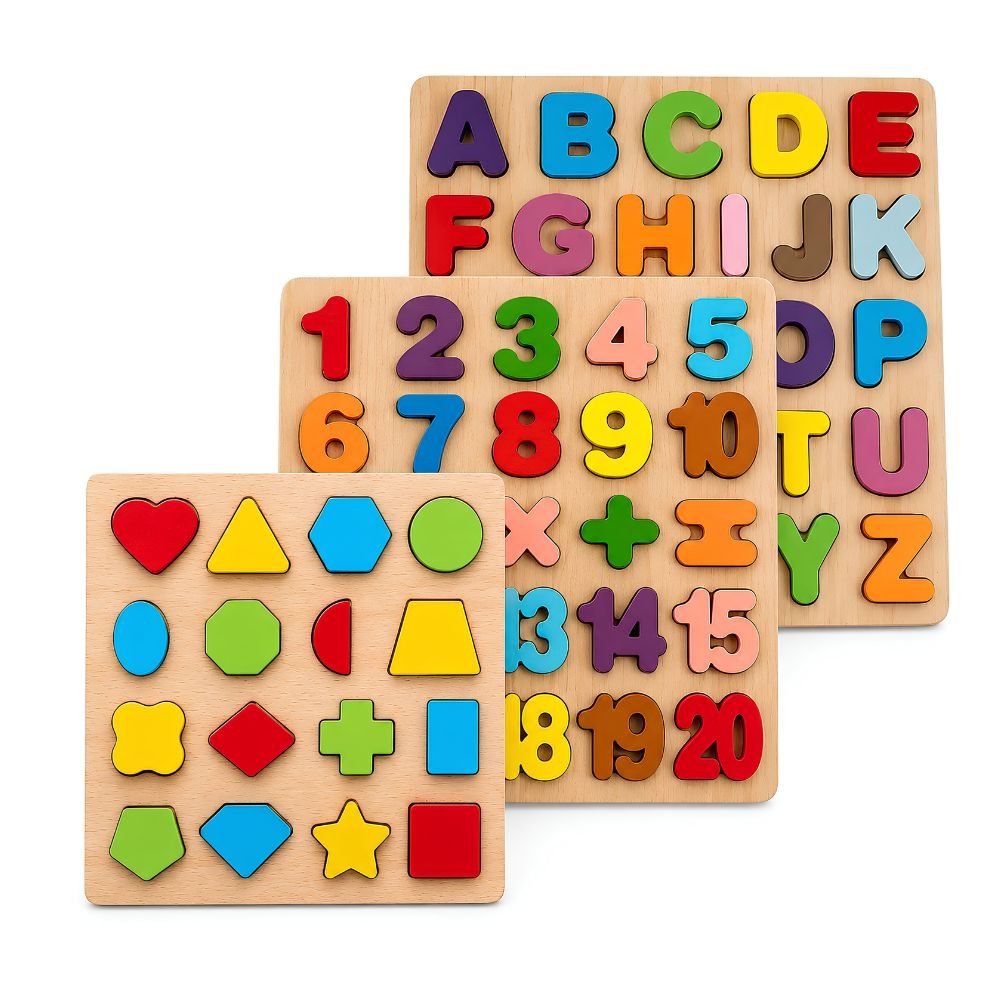 Early Learning Wooden Stencil Boards for Kids – Set of 3 (Alphabet, Numbers & Shapes)