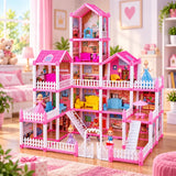 DIY Grand Villa Pink Dollhouse Playset for Kids