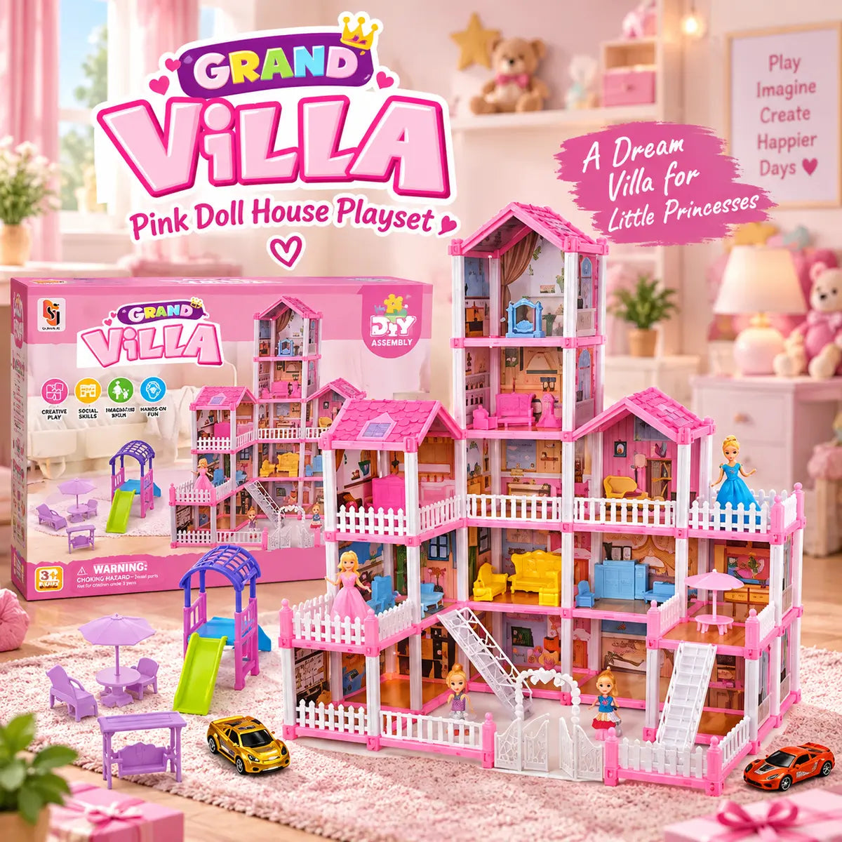 DIY Grand Villa Pink Dollhouse Playset for Kids