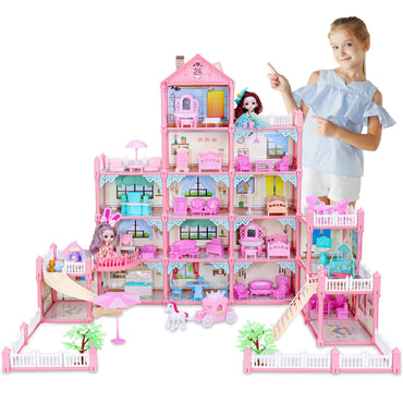 166-piece DIY barbie villa doll house pink with mini dolls and accessories