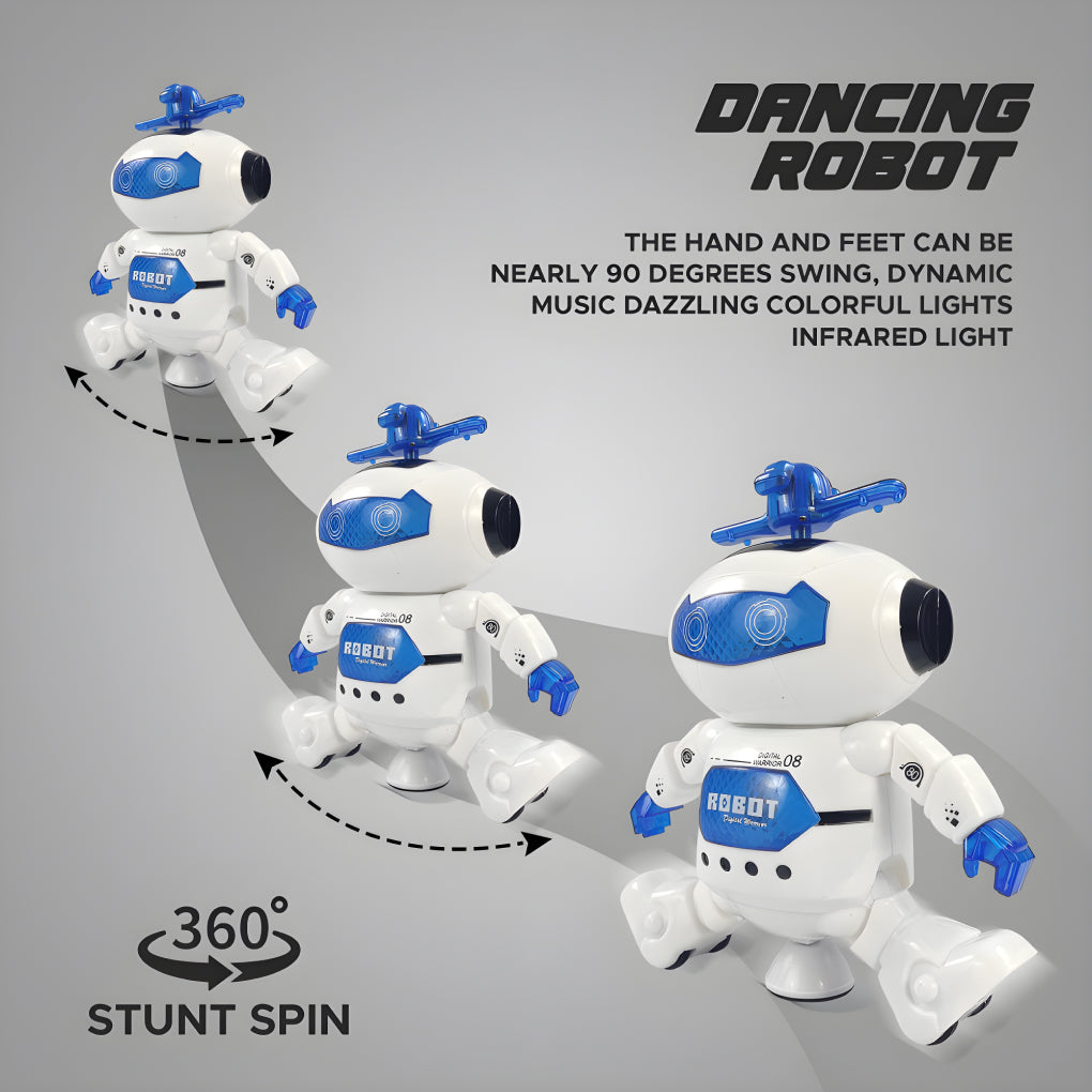 Kids dancing robot toy with colorful LED lights and music