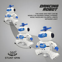 Kids dancing robot toy with colorful LED lights and music