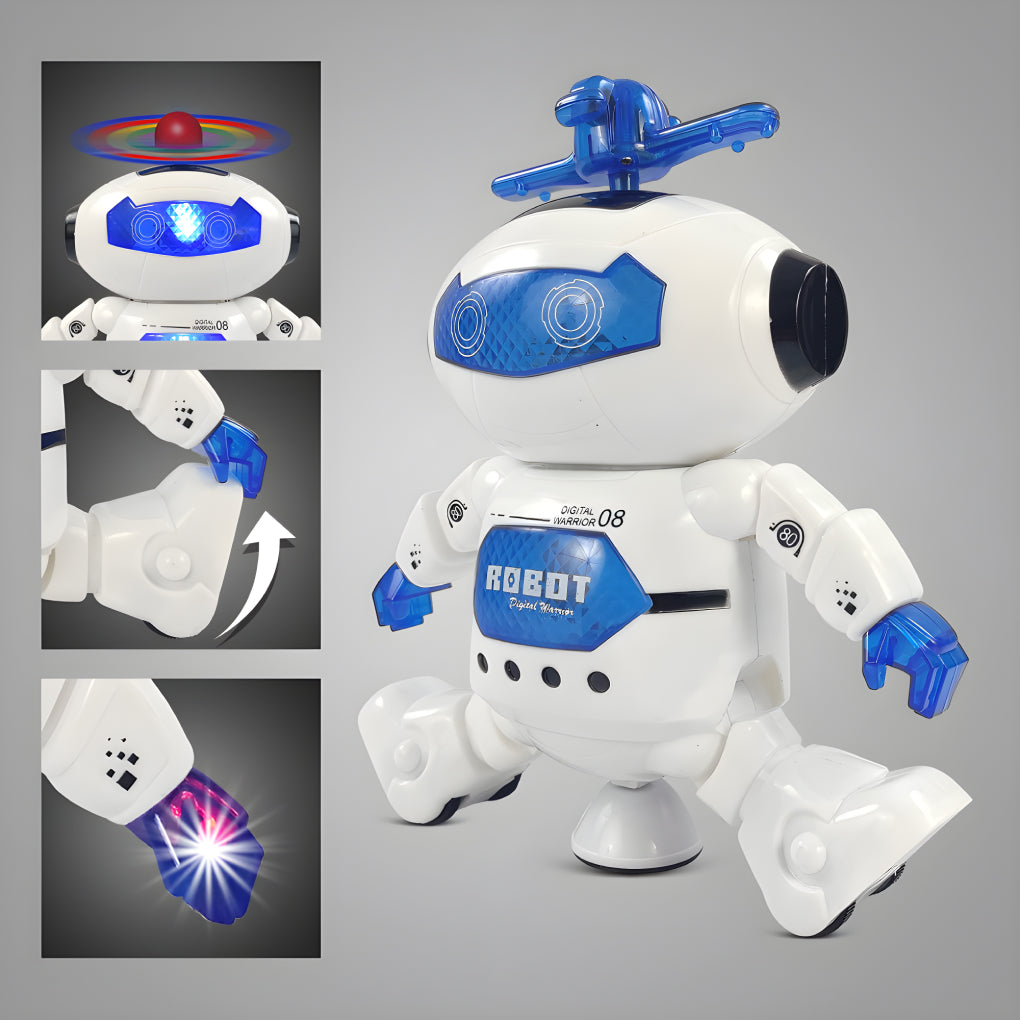 Dancing robot toy 360 rotation side view showing lights