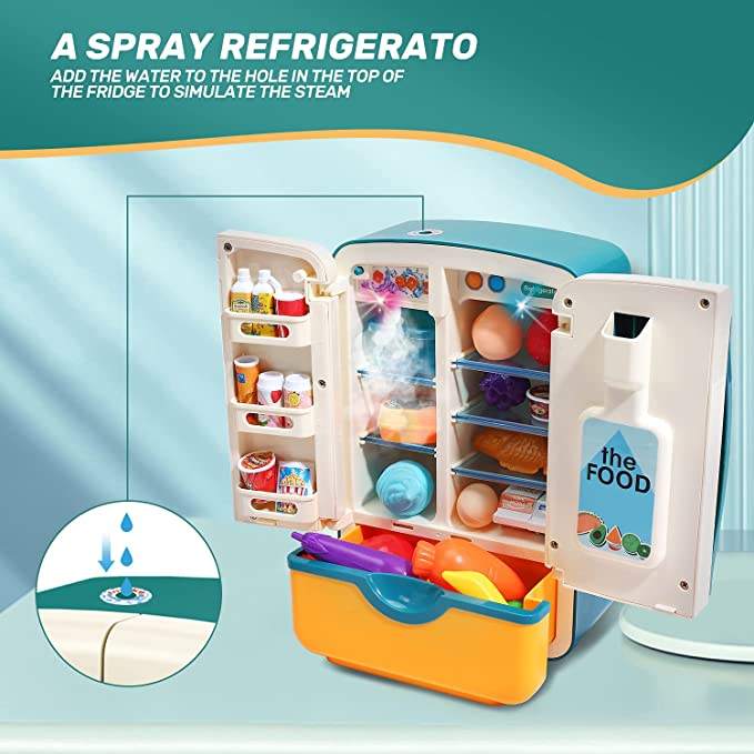 Kids refrigerator toy with ice dispenser - pretend food accessories included
