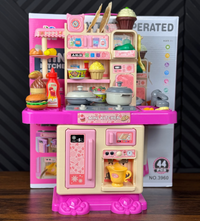 Mini kitchen playset for kids with 44 pieces and battery operated lights