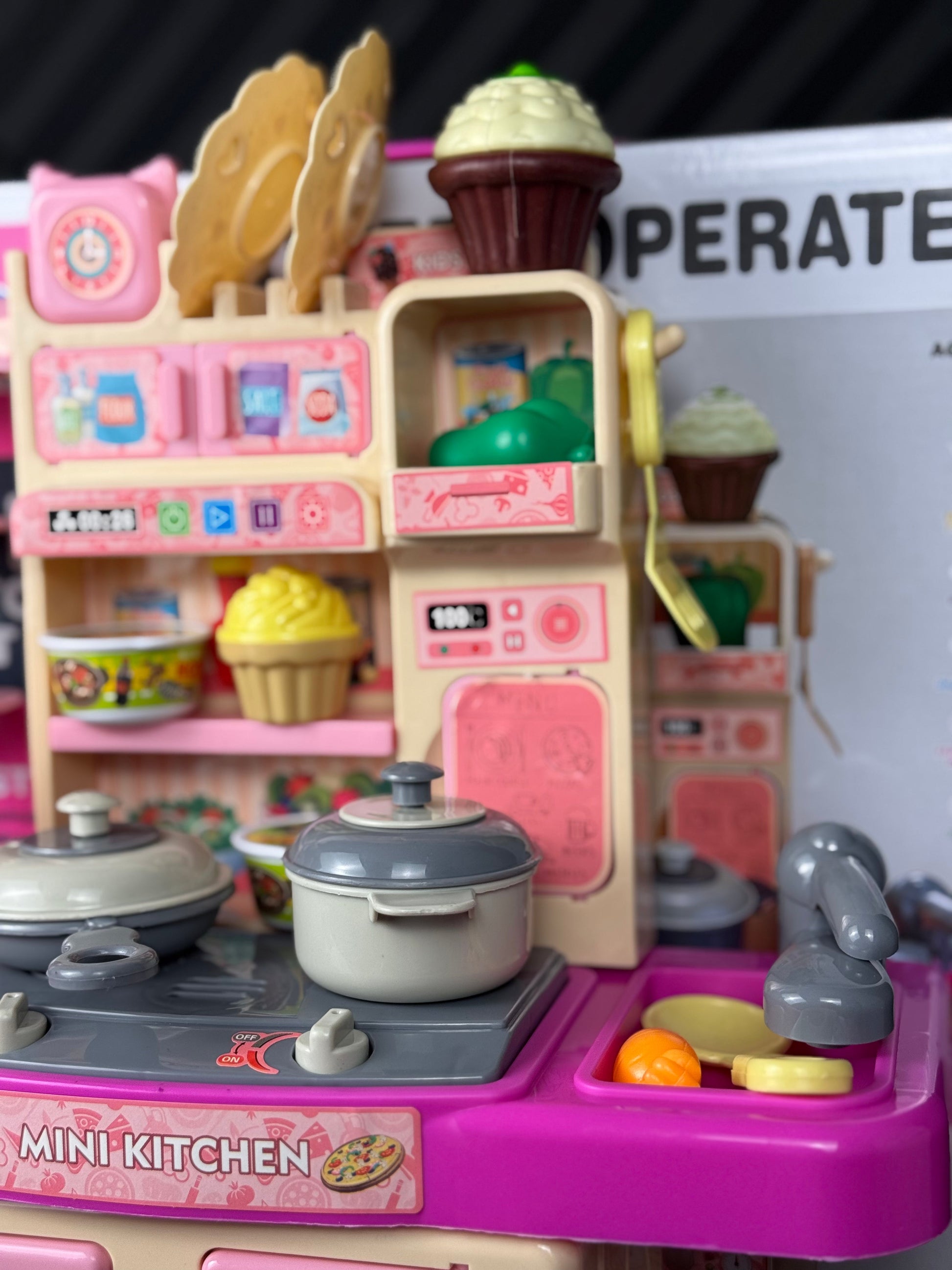 Mini kitchen playset fridge and coffee station detail