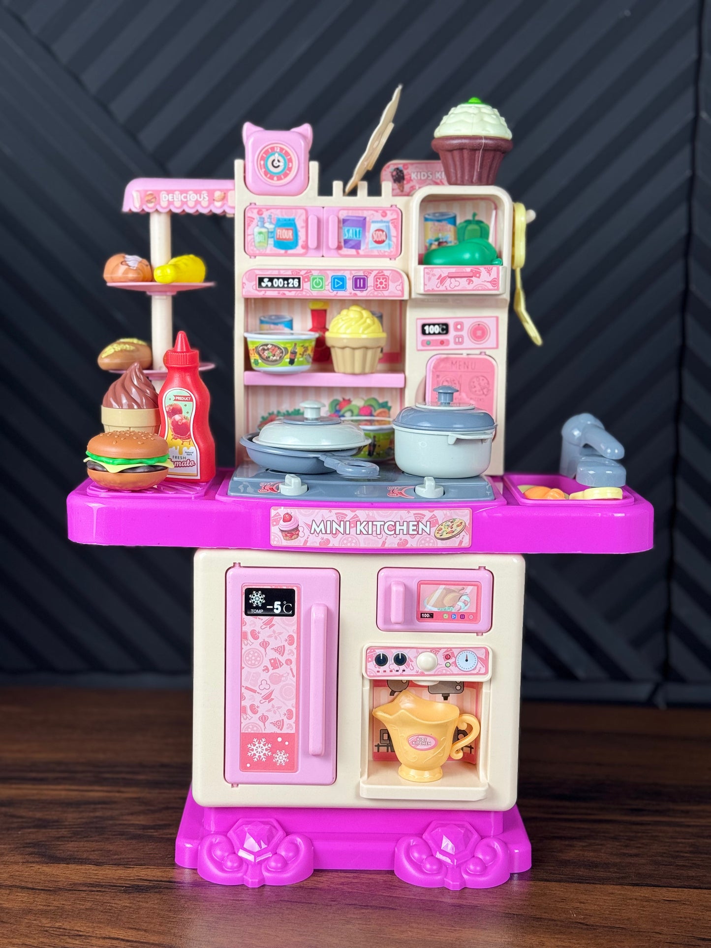 Mini kitchen playset tower with food accessories