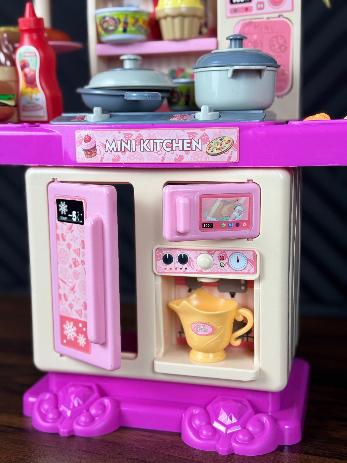 Mini kitchen playset close up with play food