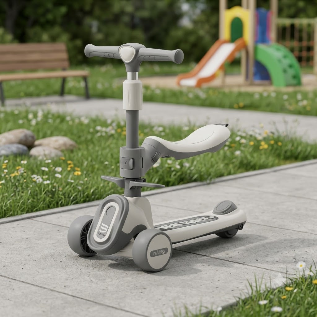 Kids Adjustable Height Seat Scooter with LED Lights & Music – Gray