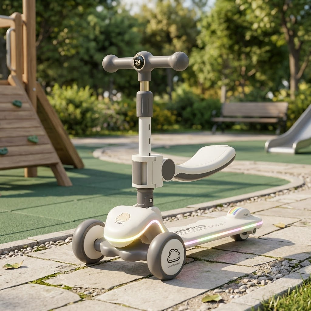 Kids Cloud Design Seat Scooter with LED Lights & Music – White