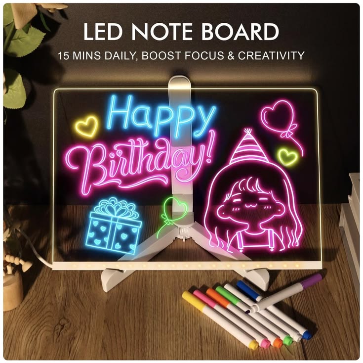 LED Acrylic Drawing Board for Kids with Night Light & 7 Neon Pens