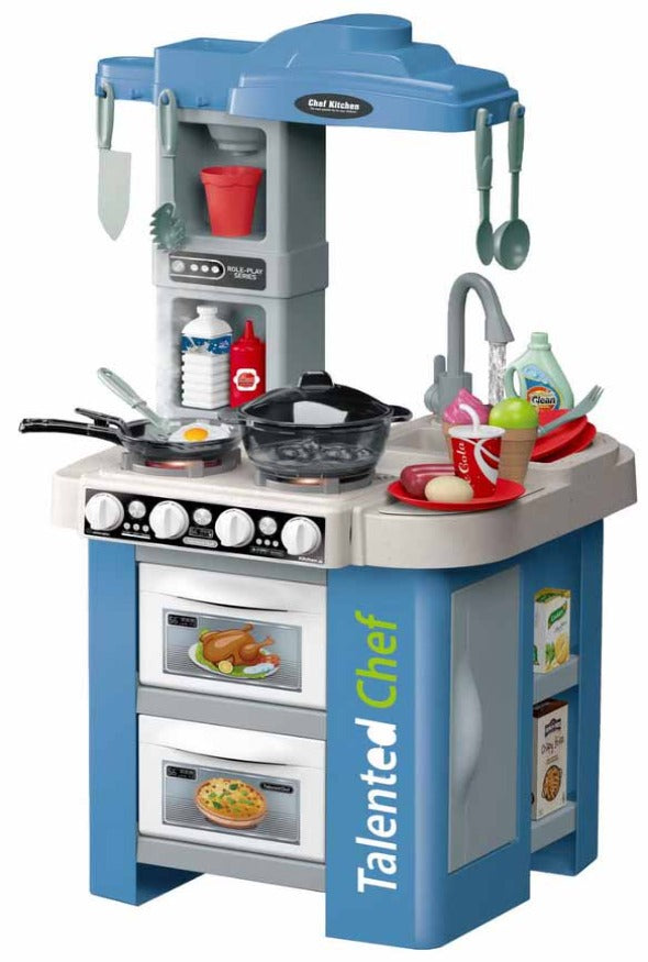 Kitchen set for kids showing stove, sink and storage cabinets
