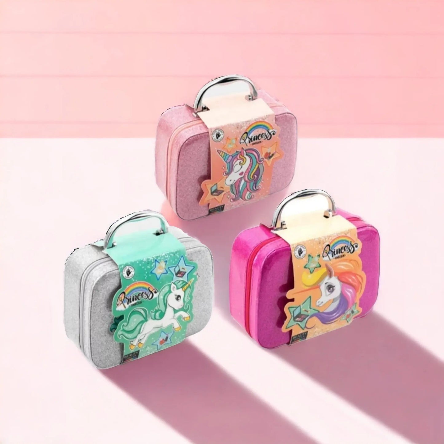 Unicorn Kids Makeup Kit Bag with nail polishes lipsticks eyeshadow and brushes for girls pretend play