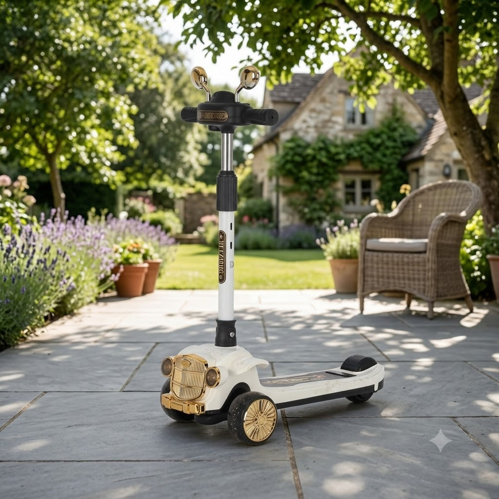 Vintage Car Design Kids Scooter with LED Lights & Music – White