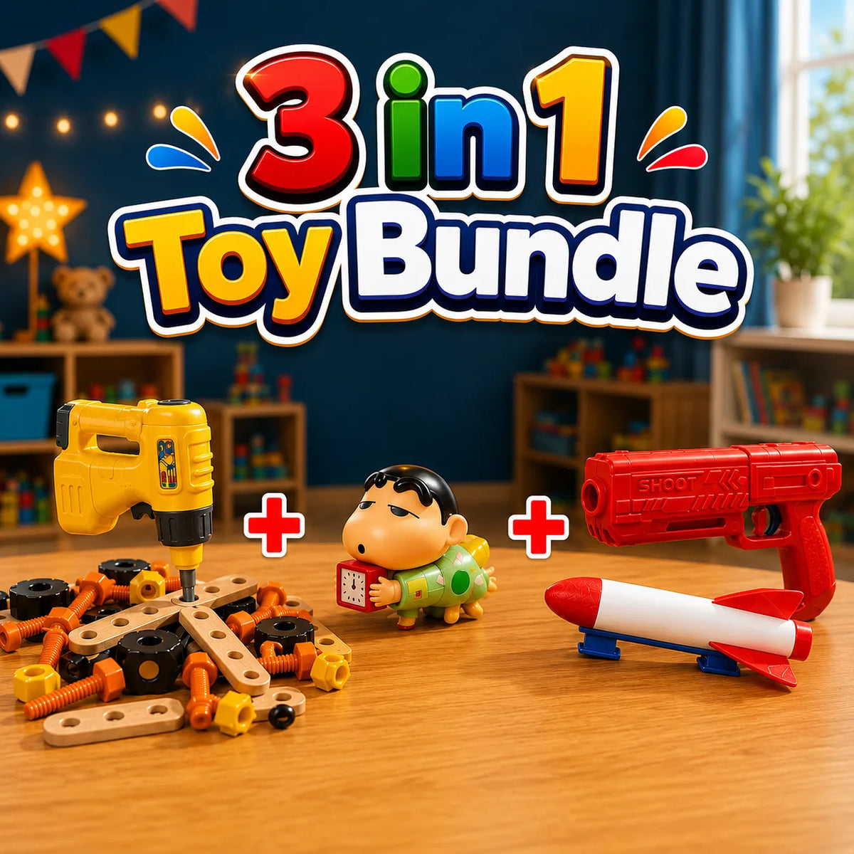 3-in-1 Kids Adventure Toy Bundle – Drill, Figure & Foam Rocket Set
