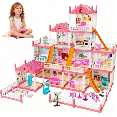 14 Rooms Barbie Doll House with LED Lights – DIY Pretend Play Dollhouse Set