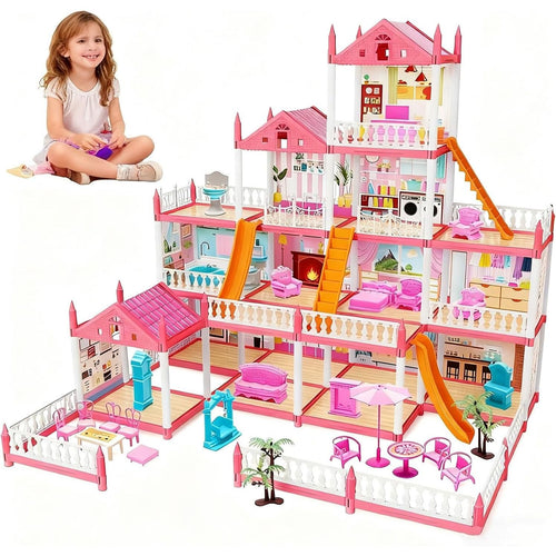 14 rooms Barbie doll house with LED lights – full view of 4-floor pink villa