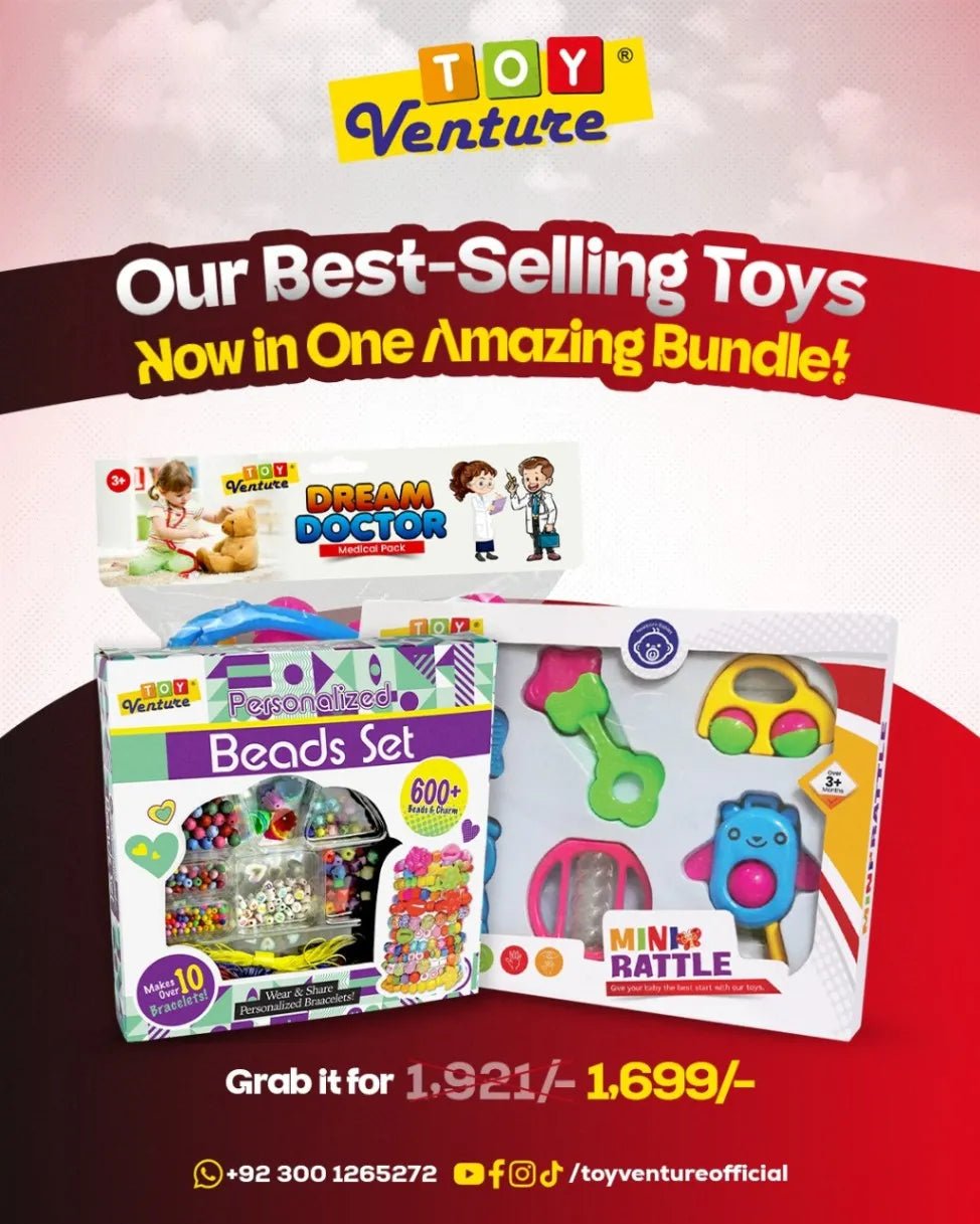 Kids Toy Bundle – Doctor Set, Beads Kit & Baby Rattle