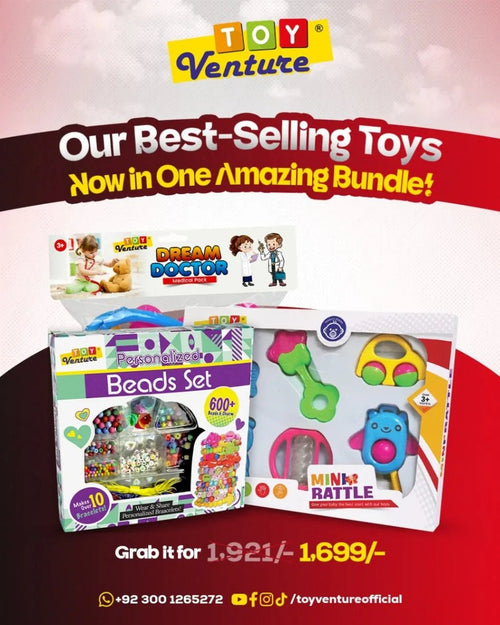Kids Toy Bundle – Doctor Set, Beads Kit & Baby Rattle