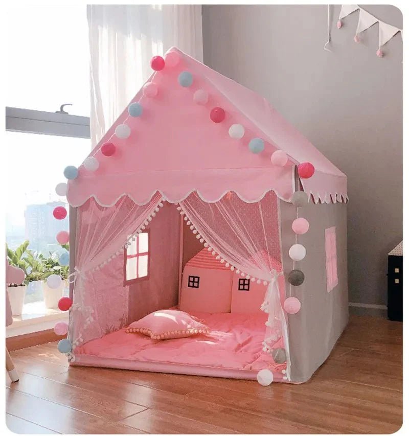 Child playing inside girls princess tent house – cozy indoor playhouse