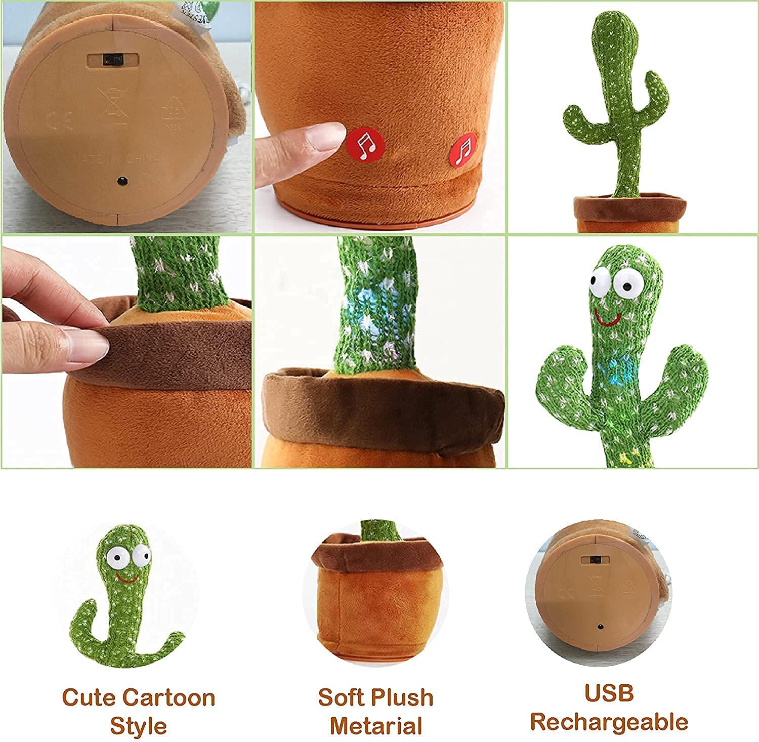 Rechargeable dancing cactus toy 60 English songs LED lights wiggle