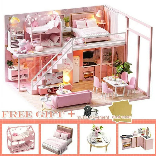 DIY Miniature Doll House Kit with LED Lights for Girls