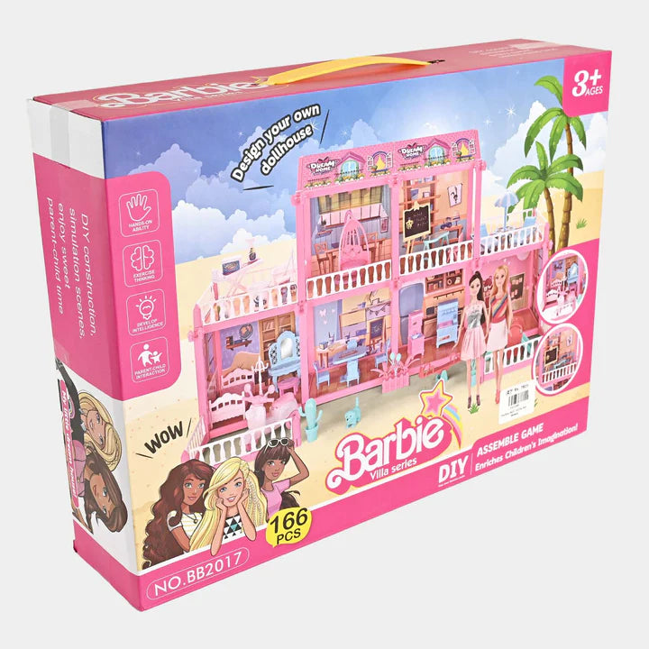 166 Pcs Barbie Doll House DIY Villa – Pretend Play Set with Mini Doll