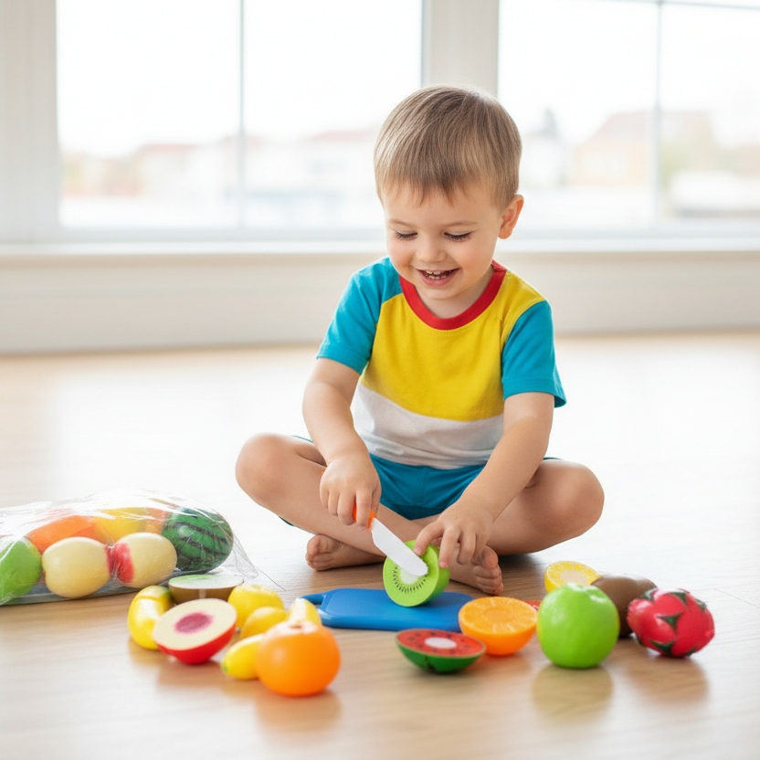 Pretend fruit and vegetable pieces with cutting knife
