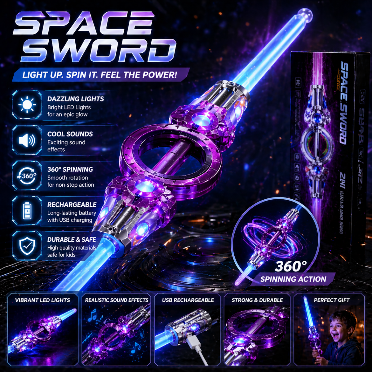 Electric Gyro Light Sword with Spinning LED Action Blade