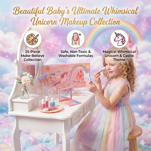 iGoodbo 25-Piece Unicorn Makeup Kit | Washable Unicorn Castle Theme Pretend Play for Girls