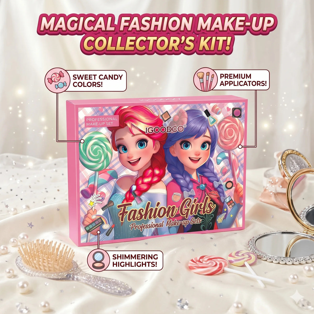IGOODCO Fashion Girls Makeup Kit | Sweet Candy Colors & Shimmer Pretend Play Set