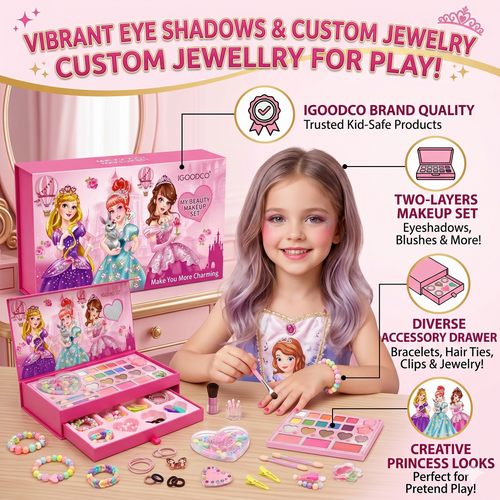 IGOODCO My Beauty Princess Makeup Set | Two-Layer Eye Shadows & Jewellery Drawer for Girls