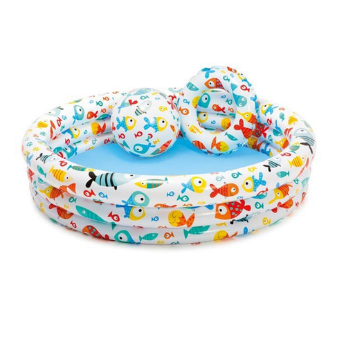 INTEX Fish Printed Kids Pool with Beach Ball & Ring 4ft 4in x 11in | Inflatable Play Pool Set