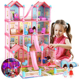 JoyStone 14-Room Doll House with LED Lights & 2 Dolls – Pink DIY Dollhouse for Girls