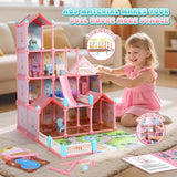 JoyStone 14-Room Doll House with LED Lights & 2 Dolls – Pink DIY Dollhouse for Girls