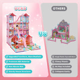JoyStone 14-Room Doll House with LED Lights & 2 Dolls – Pink DIY Dollhouse for Girls