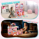 JoyStone 14-Room Doll House with LED Lights & 2 Dolls – Pink DIY Dollhouse for Girls
