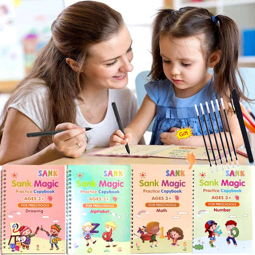 Magic Practice Copybook Set of 4 – Reusable Handwriting & Calligraphy Tracing Books for Kids