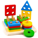 Montessori Wooden Geometric Shapes Blocks for Toddlers – Colorful Educational Shape Sorting Toy