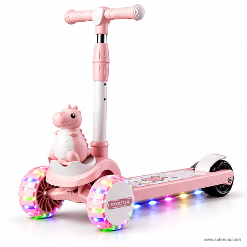 Pink Dinosaur Kids Scooter with LED Light-Up Wheels & Music