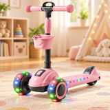 Pink Kids Scooter with Front Basket & Light-Up Wheels