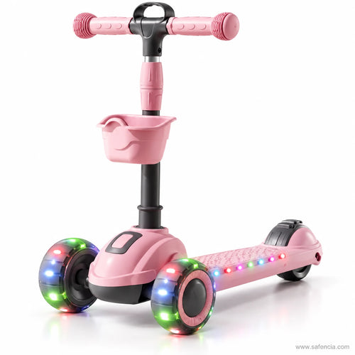 Pink Kids Scooter with Front Basket & Light-Up Wheels