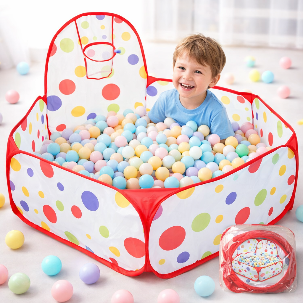 Polka Dot Ball Pit Tent with Basketball Hoop for Kids