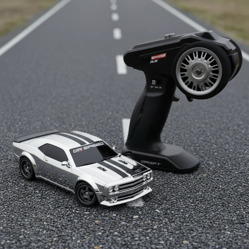 Silver RC Drift Car with 2.4GHz remote control on track