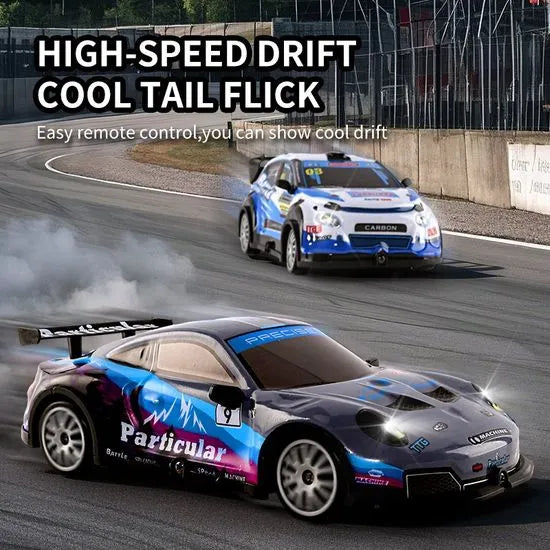 RC Drift Car in blue performing a high-speed drift with smoke on a race track